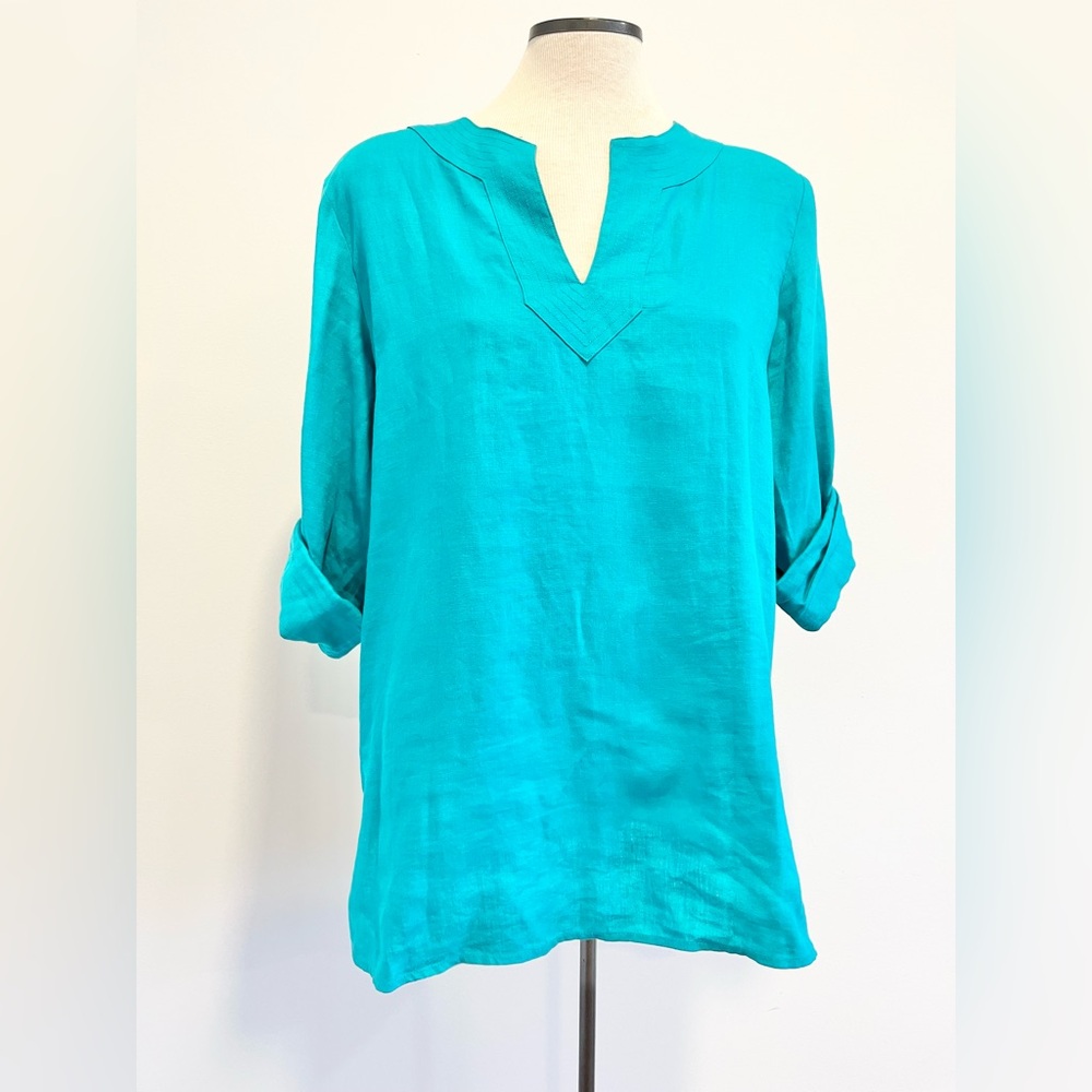 Ralph Lauren Turquoise Linen Blouse V neck Tunic Beach Resort wear Classic Prep - Picture 5 of 9